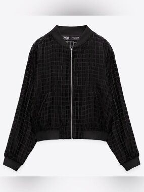 ZARA Semi-Sheer Textured Black Bomber Jacket